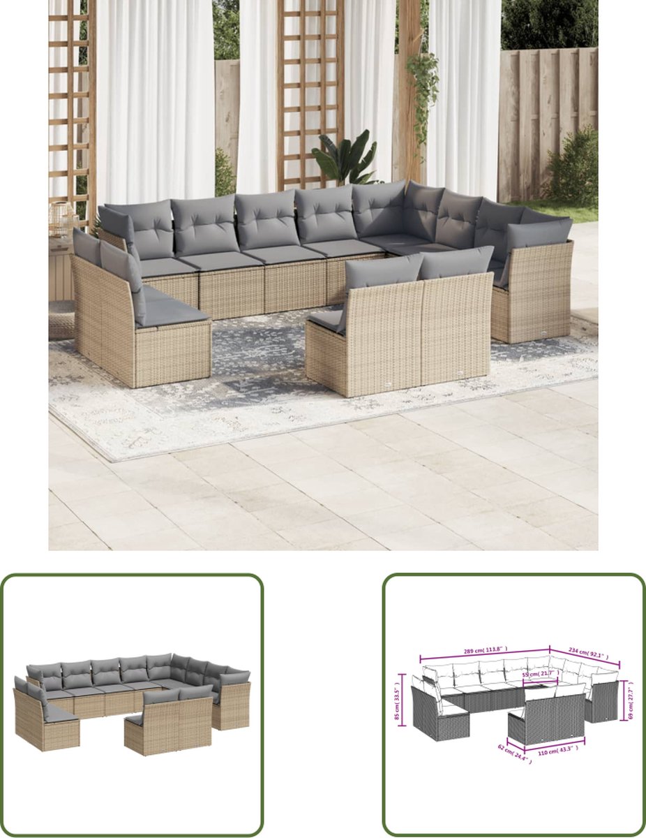 The Living Store 12-delige Loungeset met kussens poly rattan beige - Loungeset - Tuinset - Lounge - Buitendecoratie - Garden Furniture