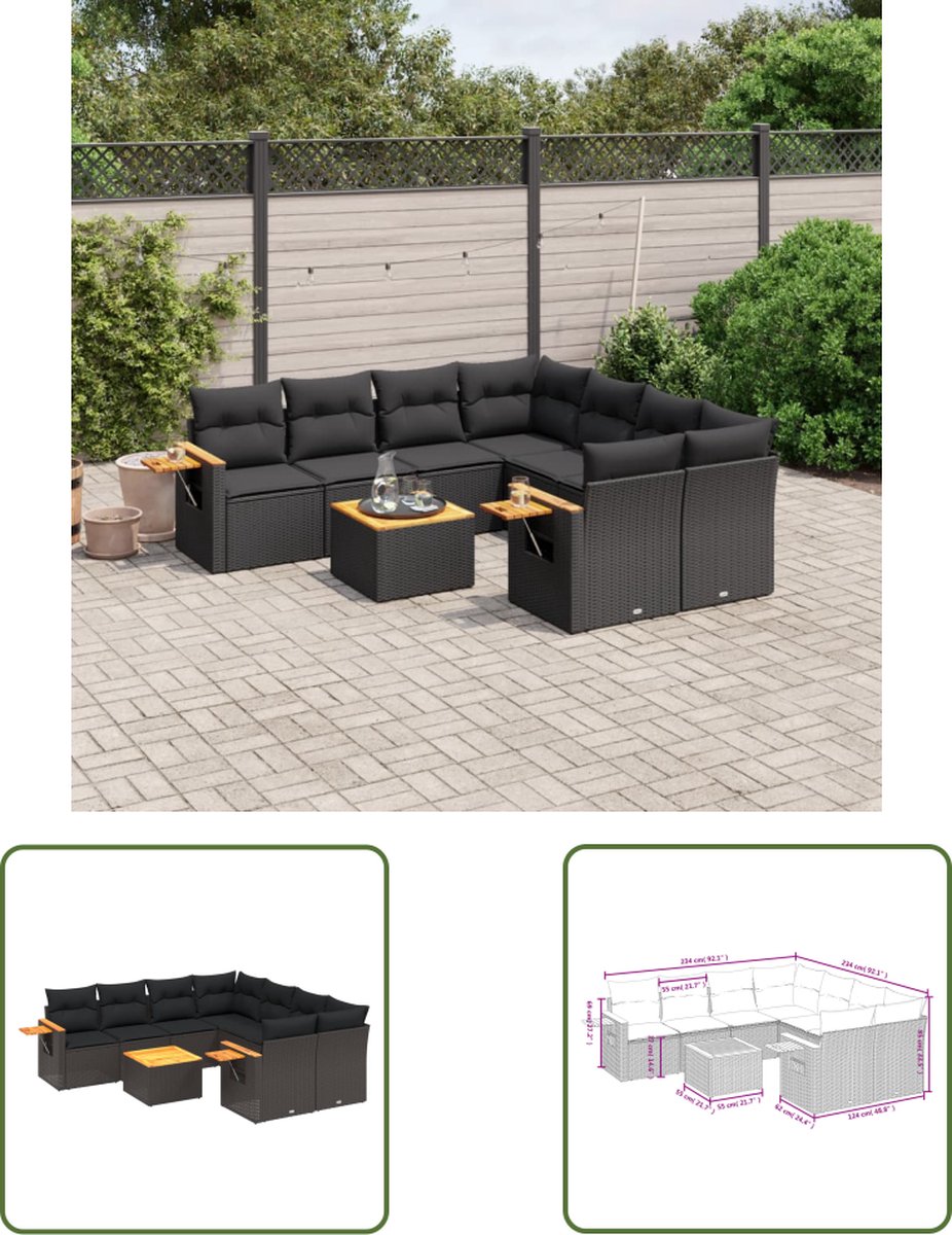 Moderne zwarte poly rattan loungeset met kussens voor in de tuin.