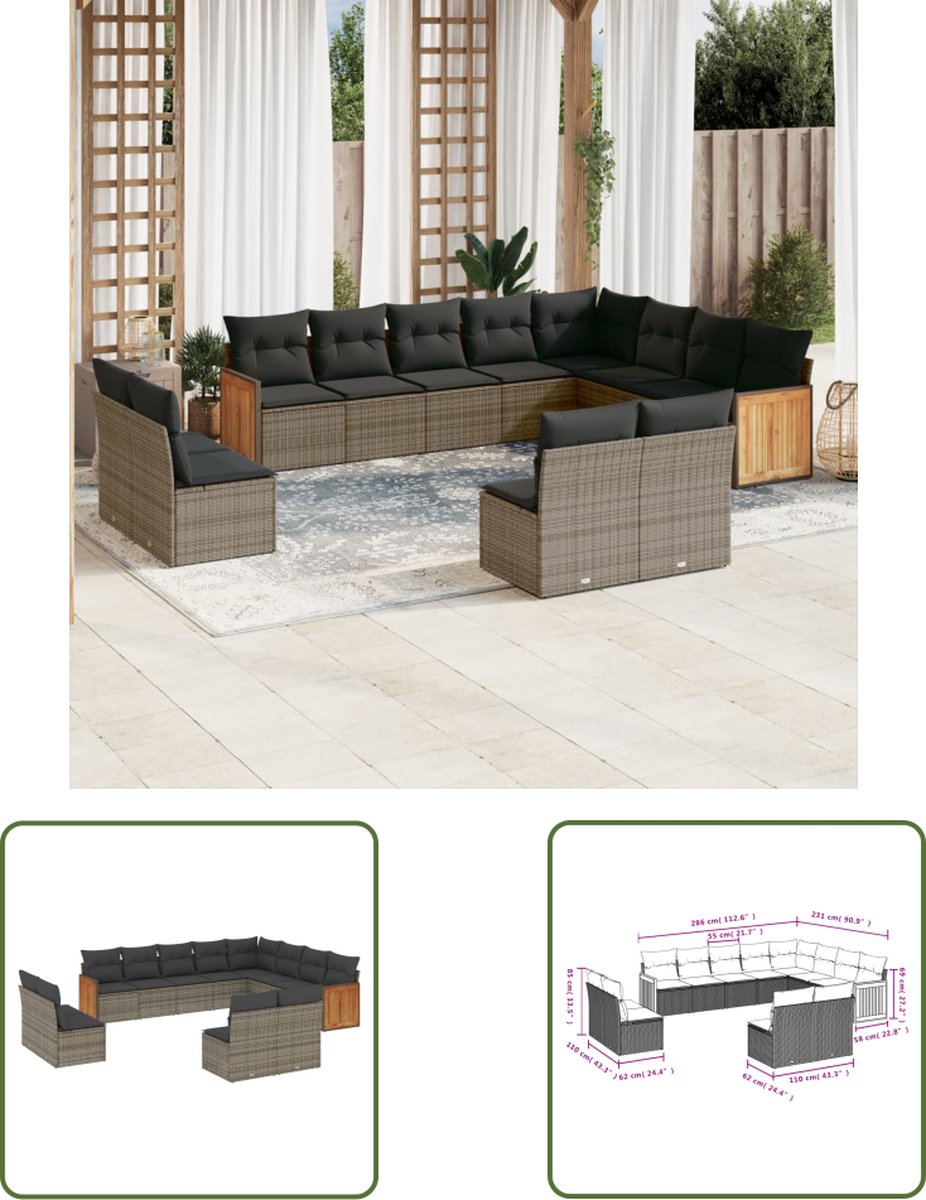 Grijze poly rattan loungeset met kussens voor buiten - The Living Store.