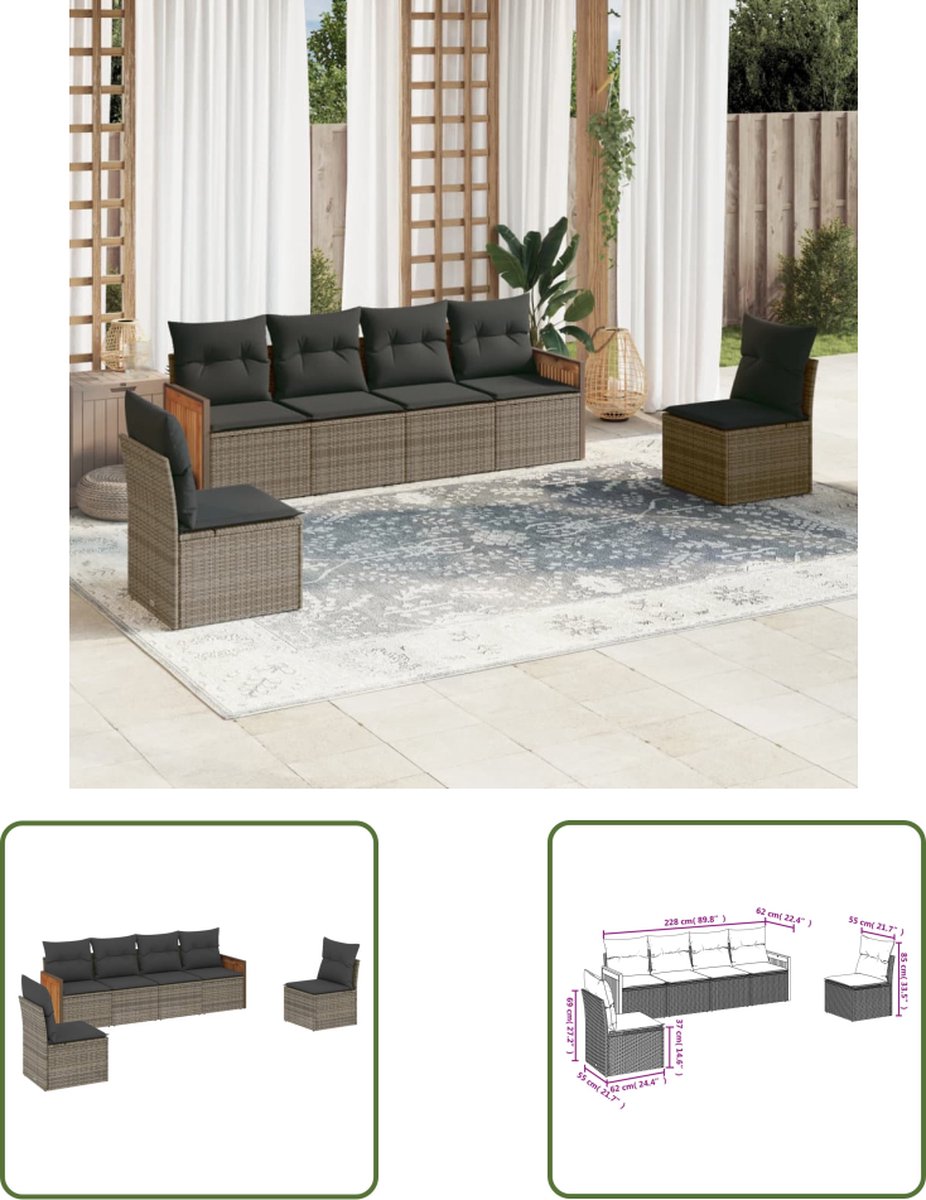 The Living Store 6-delige Loungeset met kussens poly rattan grijs - Loungeset - Tuinset - Lounge - Outdoor Furniture - Tuinmeubels