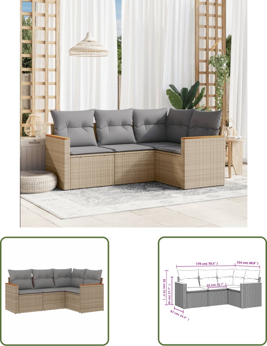 The Living Store 4-delige Loungeset met kussens poly rattan beige - Loungeset - Tuinset - Lounge Set - Tuinbank - Buitendiner