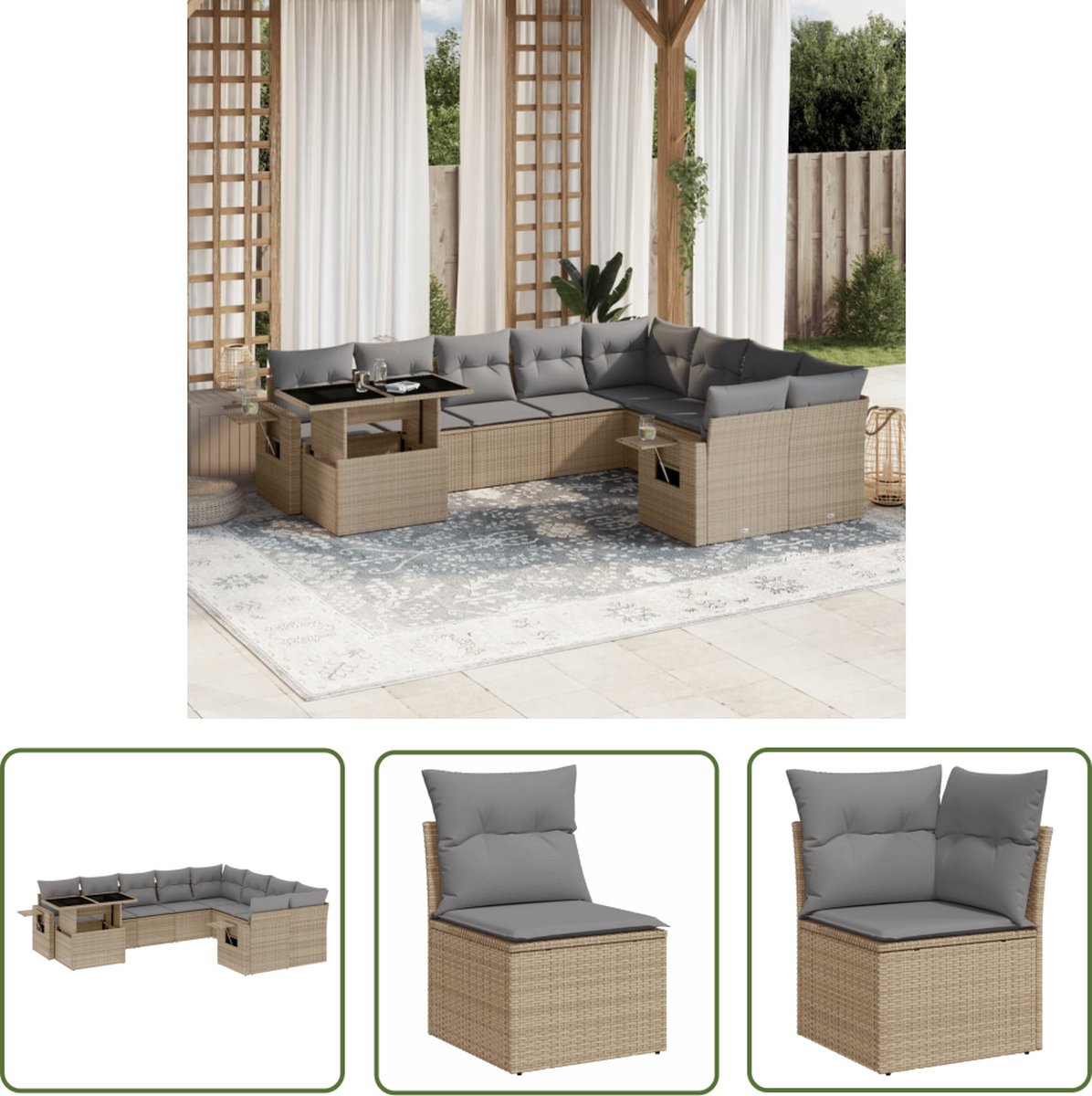 The Living Store 10-delige Loungeset met kussens poly rattan beige - Loungeset - Tuinmeubelen - Lounge Set - Buitendecoratie - Outdoor Furniture