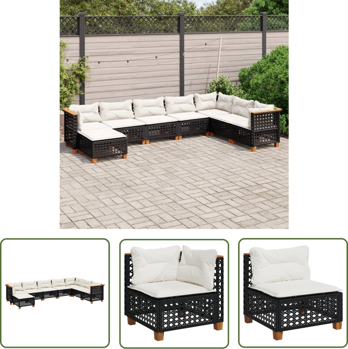 Zwarte poly rattan loungeset met kussens voor tuin- en buiteninrichting.