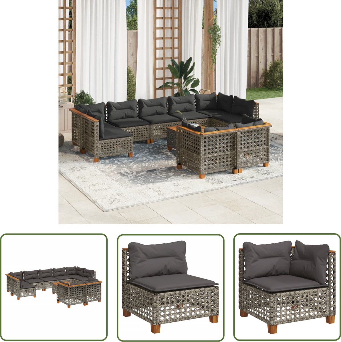 The Living Store 10-delige Loungeset met kussens poly rattan grijs - Loungeset - Tuinmeubels - Lounge Set - Buitendecoratie - Outdoor Furniture