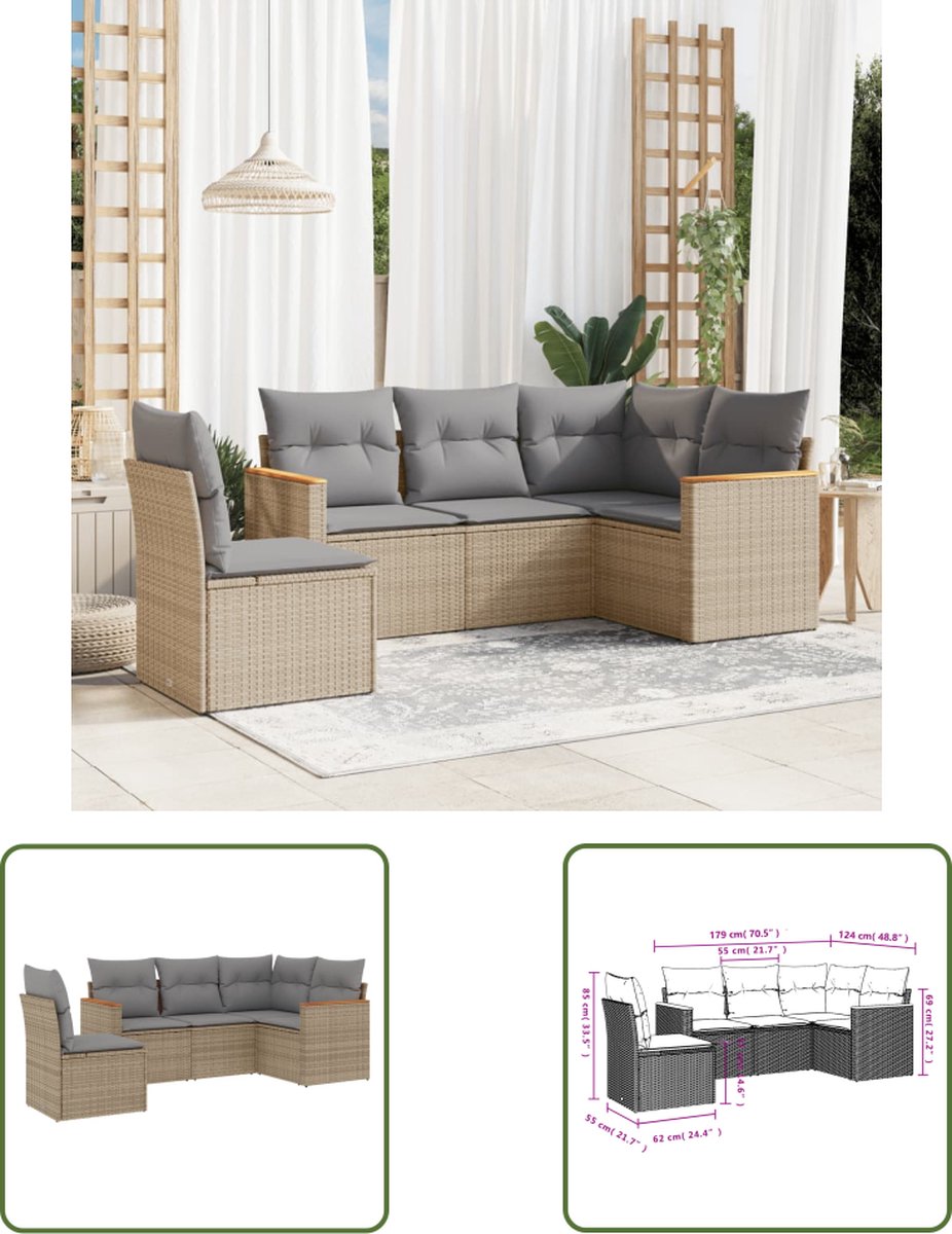 The Living Store 5-delige Loungeset met kussens poly rattan beige - Loungeset - Tuinset - Lounge Set - Buitendecoratie - Outdoor Furniture