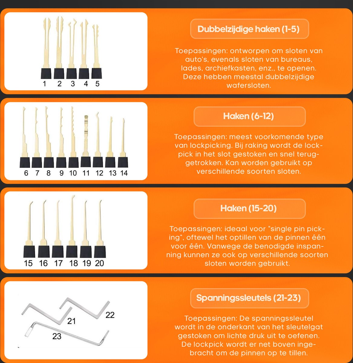 Templify Lockpick oefenset 46-delig - voor beginners en gevorderden - 4 doorzichtige sloten — cadeau in Hobby - foto 6