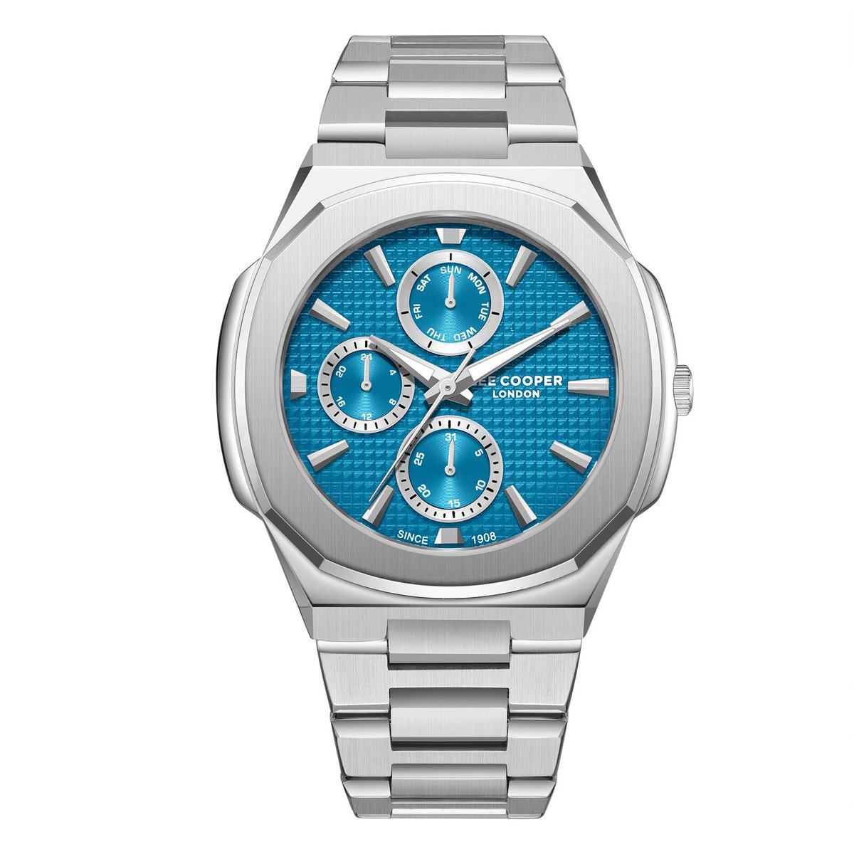 Lee Cooper LC08047.390 - Horloge - Polshorloge - Analoog - Mannen - Heren - stalen band - Overig (vorm) - Metaal - Strepen - Datumaanduiding - 12-24H - Zilverkleurig - Turkoois