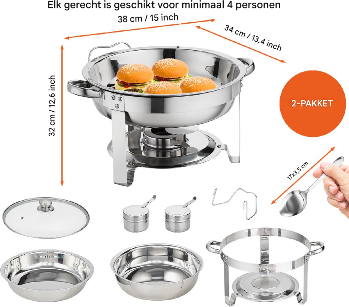 Chauffe-Plat Professionnel En Acier Inoxydable Rond - Pour Buffets, Restaurants, Événements - Brûleur à Alcool (Alcool Non Inclus)