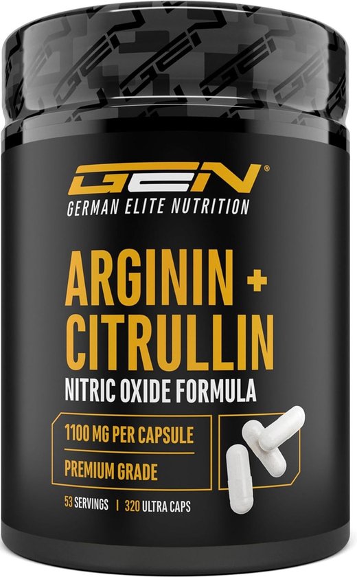 GEN Arginine + Citrulline pot met 320 capsules, 1100 mg per capsule, nitrische oxide formule.