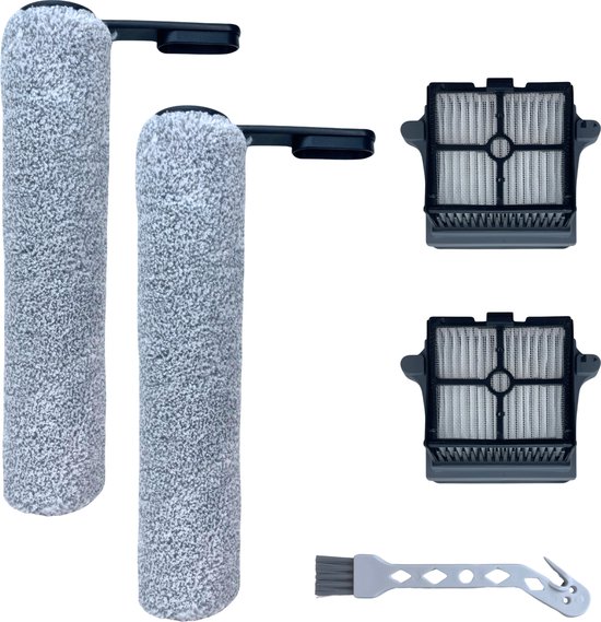 Ensemble de 2 brosses rouleaux grises, 2 filtres et une brosse de nettoyage.