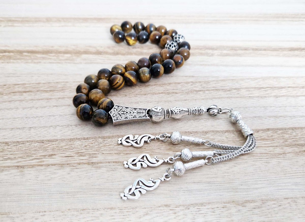 Handgemaakte tesbih "tasbih" natuursteen "Tijgeroog" - Aantal kralen 33 - Diameter kralen 10 MM - met metaal tassel "model 11" - Een mooi cadeau-idee