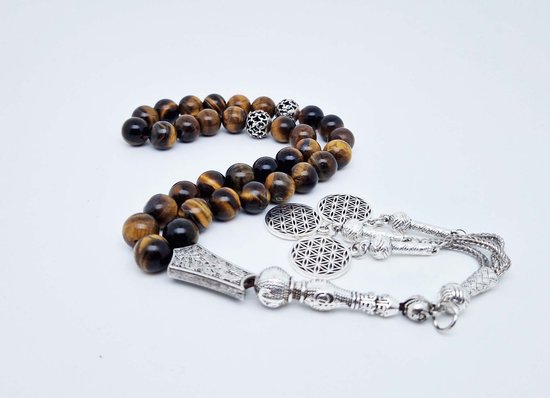 Tesbih "tasbih" fait main en pierre naturelle "Oeil de Tigre" - Nombre de perles 33 - Perles de diamètre 10 MM - avec pompon en métal "modèle 13" - Une belle idée cadeau