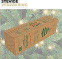 Emballage en carton brun d'un sapin de Noël artificiel avec des images et des textes de Noël.