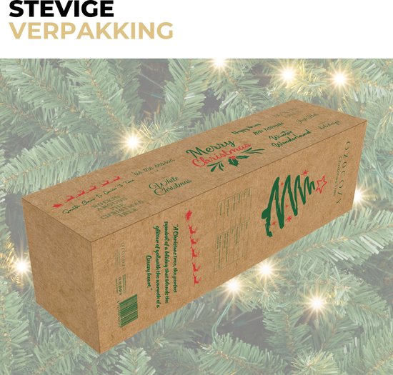 Emballage en carton brun d'un sapin de Noël artificiel avec des images et des textes de Noël.