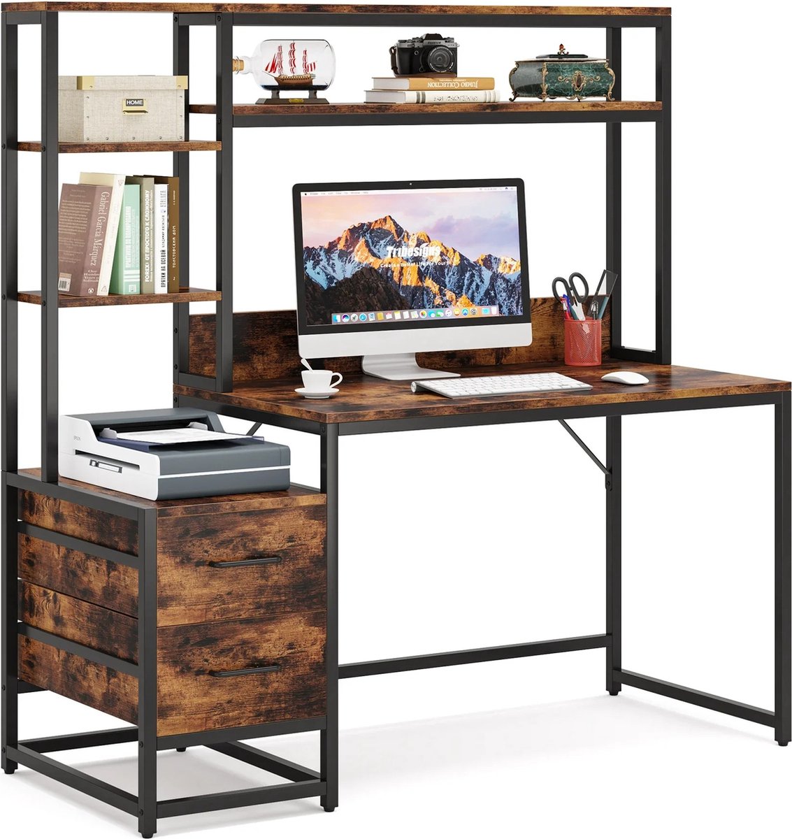 DHN Computerbureau Met 2 Laden - Opbergplanken - Rustiek Kantoorbureau - Thuiskantoor - Bureau