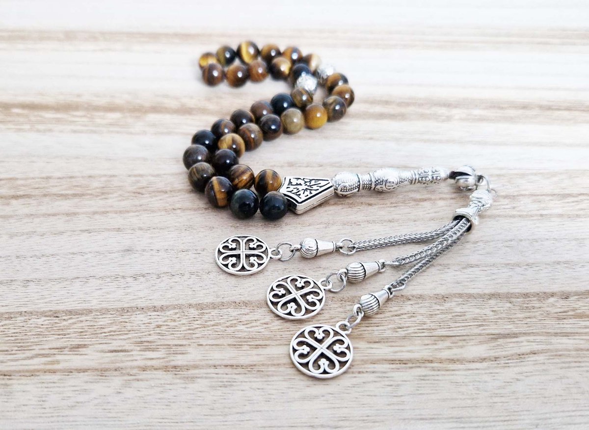 Handgemaakte tesbih "tasbih" natuursteen "Tijgeroog" - Aantal kralen 33 - Diameter kralen 8 MM - met metaal tassel "model 15" - Een mooi cadeau-idee