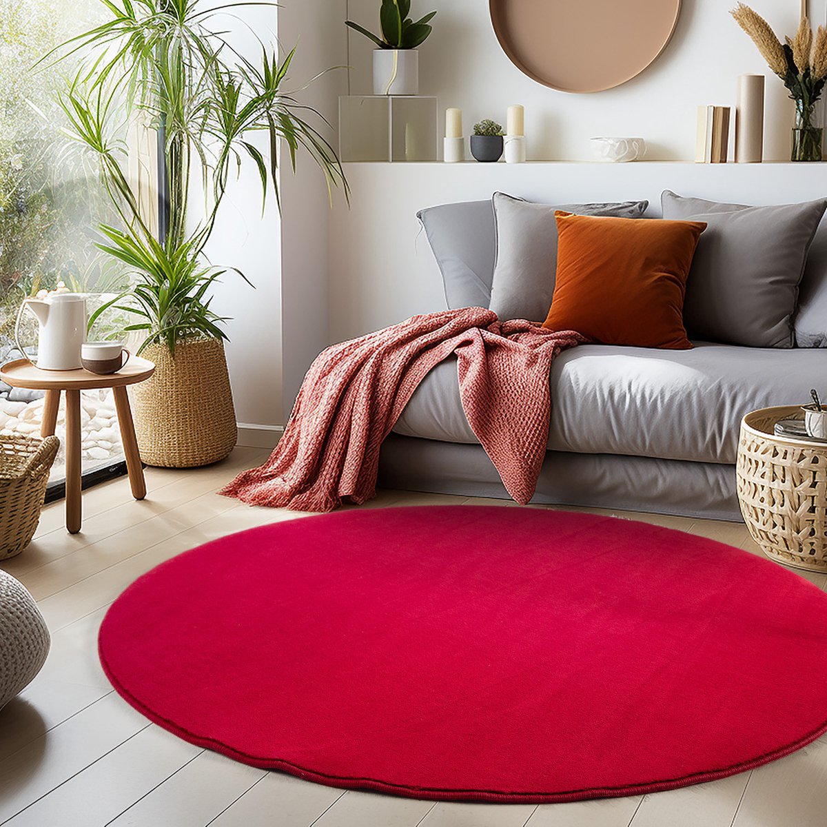 Muratap Sky Soft Uni Basic - Rond Vloerkleed - Laagpolig - Effen Kleur - Rood - Woonkamer Tapijt- 160 CM Ø
