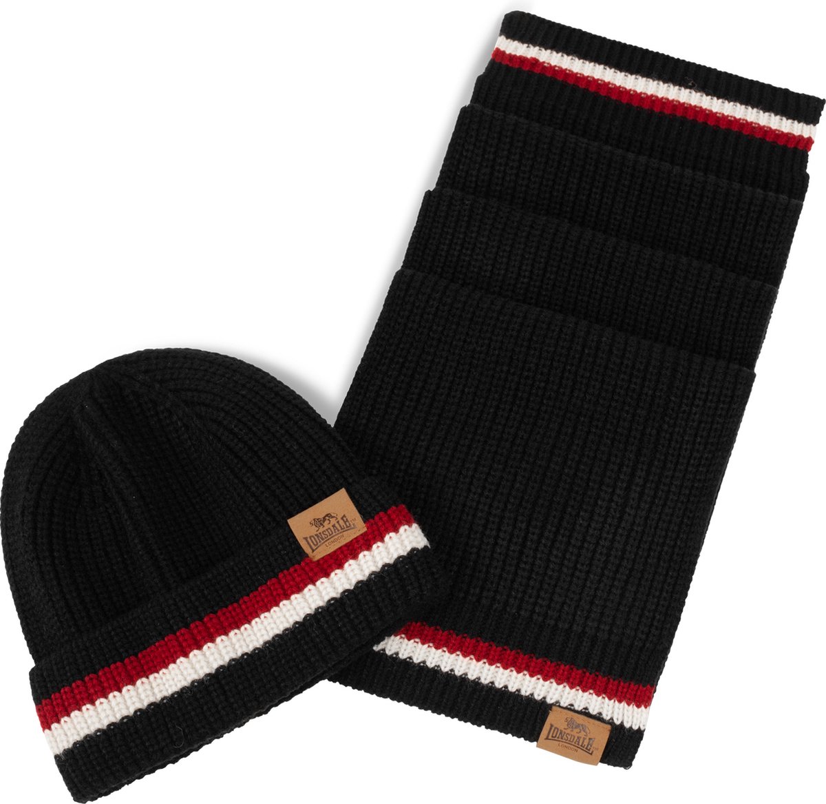 Lonsdale Butleigh unisex sjaal- en mutsenset /donkerrood/ecru Zwart