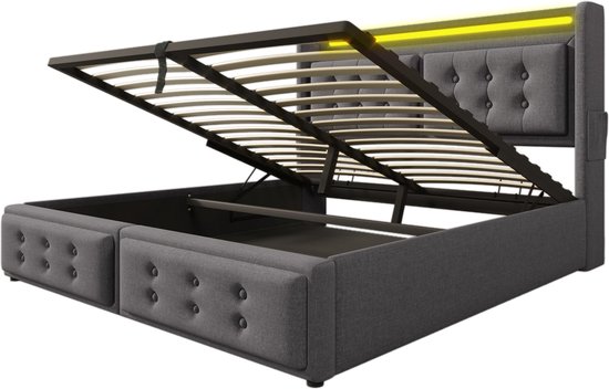 Lit double Merax 160x200 cm avec tête de lit LED et fonction de charge USB-C - Lit hydraulique avec sommier à lattes et espace de rangement - Matelas inclus - Grijs