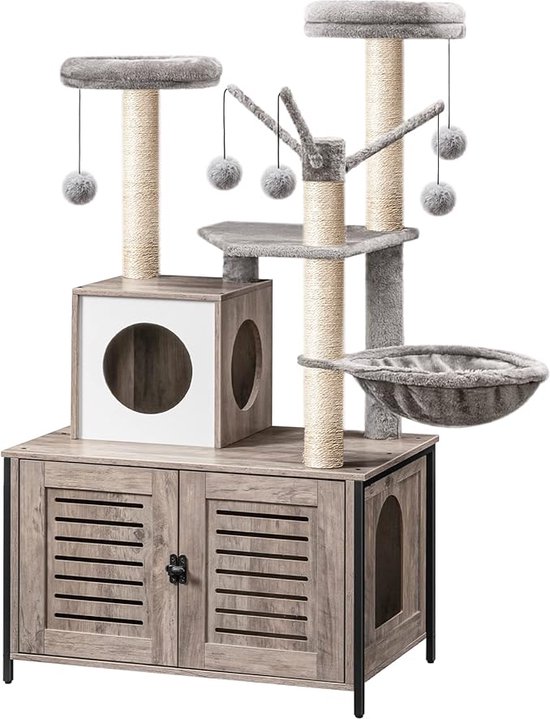 Hey-brother Krabpaal met kattenbakhoes, moderne kattenbak voor binnenkatten met groot platform, eetplek en 2 hangmatten, alles-in-één kattenmeubel, rustiek bruin hout EMPJ115SR