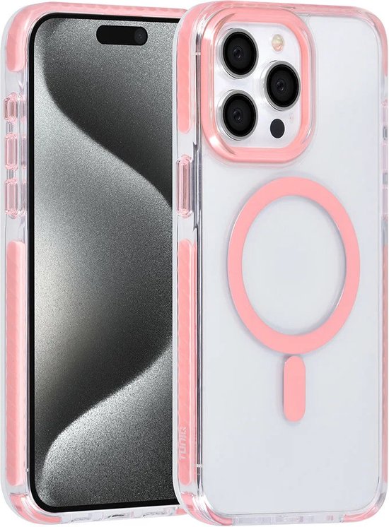 Roze telefoonhoes met doorzichtige achterkant en roze magneetring, met telefoon