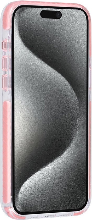 Roze telefoonhoes met doorzichtige zijkanten, de voorkant van de telefoon is zichtbaar