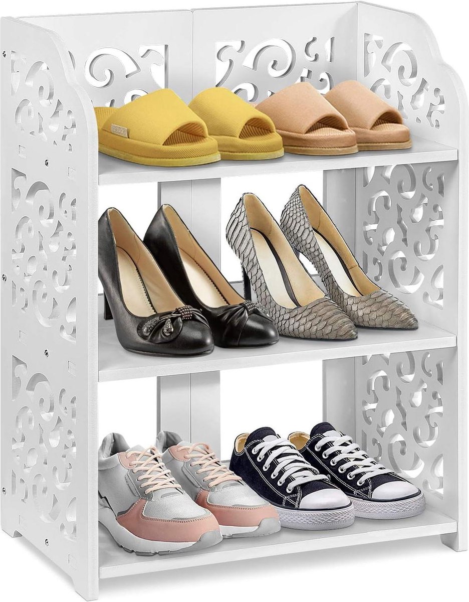 3 lagen schoenenrek PVC-plank - Organizer voor schoenenopslag - Moderne multifunctionele hal plank met holle snedes - Wit