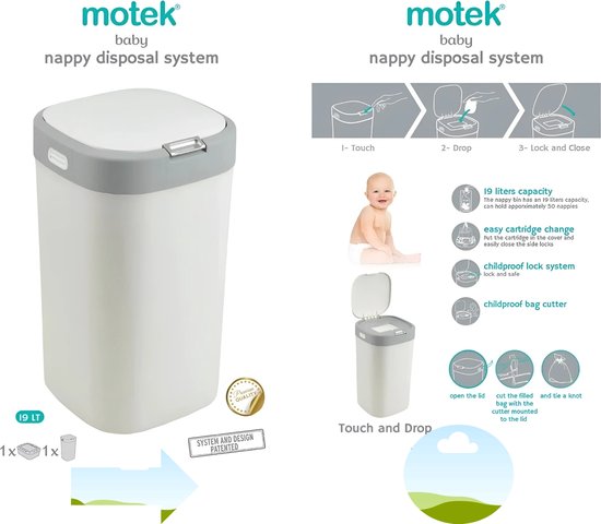 Afbeeldingen van de witte 19L Motek luiertas met grijze deksel en details over gebruik en kenmerken.