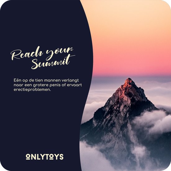 Een majestueuze bergtop met zonsondergang. Tekst: 'Reach your Summit'. Tekst: Eén op de tien mannen verlangt naar een grotere penis of ervaart erectieproblemen.