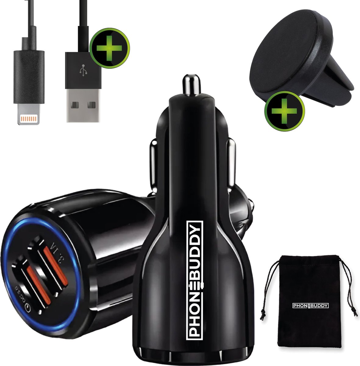 Phonebuddy Autobundel - 36W - snellader - USB - Autolader - Magnetische - Telefoonhouder - ventilatie - dashboard - oplaad - kabel - USB naar Lightning