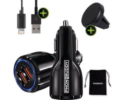 Phonebuddy Autobundel - 36W - snellader - USB - Autolader - Magnetische - Telefoonhouder - ventilatie - dashboard - oplaad - kabel - USB naar Lightning