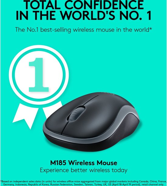 Zwarte en grijze M185 draadloze muis met een '1' in een medaille-icoon. Tekst: 'TOTAL CONFIDENCE IN THE WORLD'S NO. 1'.