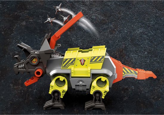 Grijze en gele Robo-Dino vechtmachine met drie projectielen die uit de lucht komen.