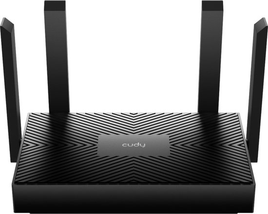 Zwarte Cudy router met vier antennes en een gestreept patroon op de bovenkant.