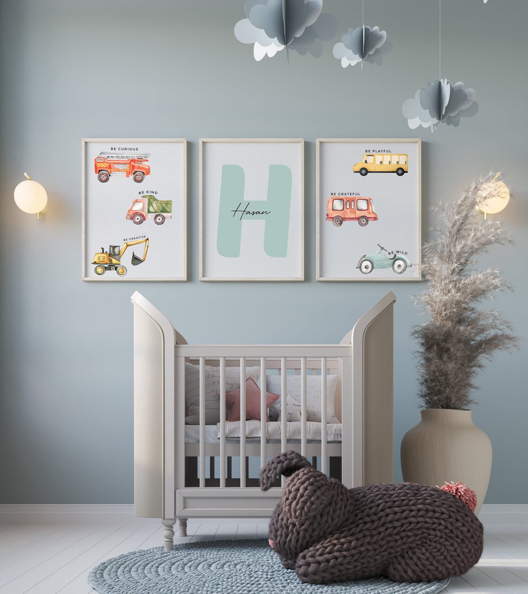 kinder kamer posters set 3 stuks 30x40cm (a3) met auto's en gepersonaliseerde naam (ZONDER FRAME)