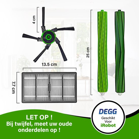Afmetingen van een zijborstel (13,5 cm) en filter (7,7 cm) en een rol (25 cm) voor een iRobot Roomba.