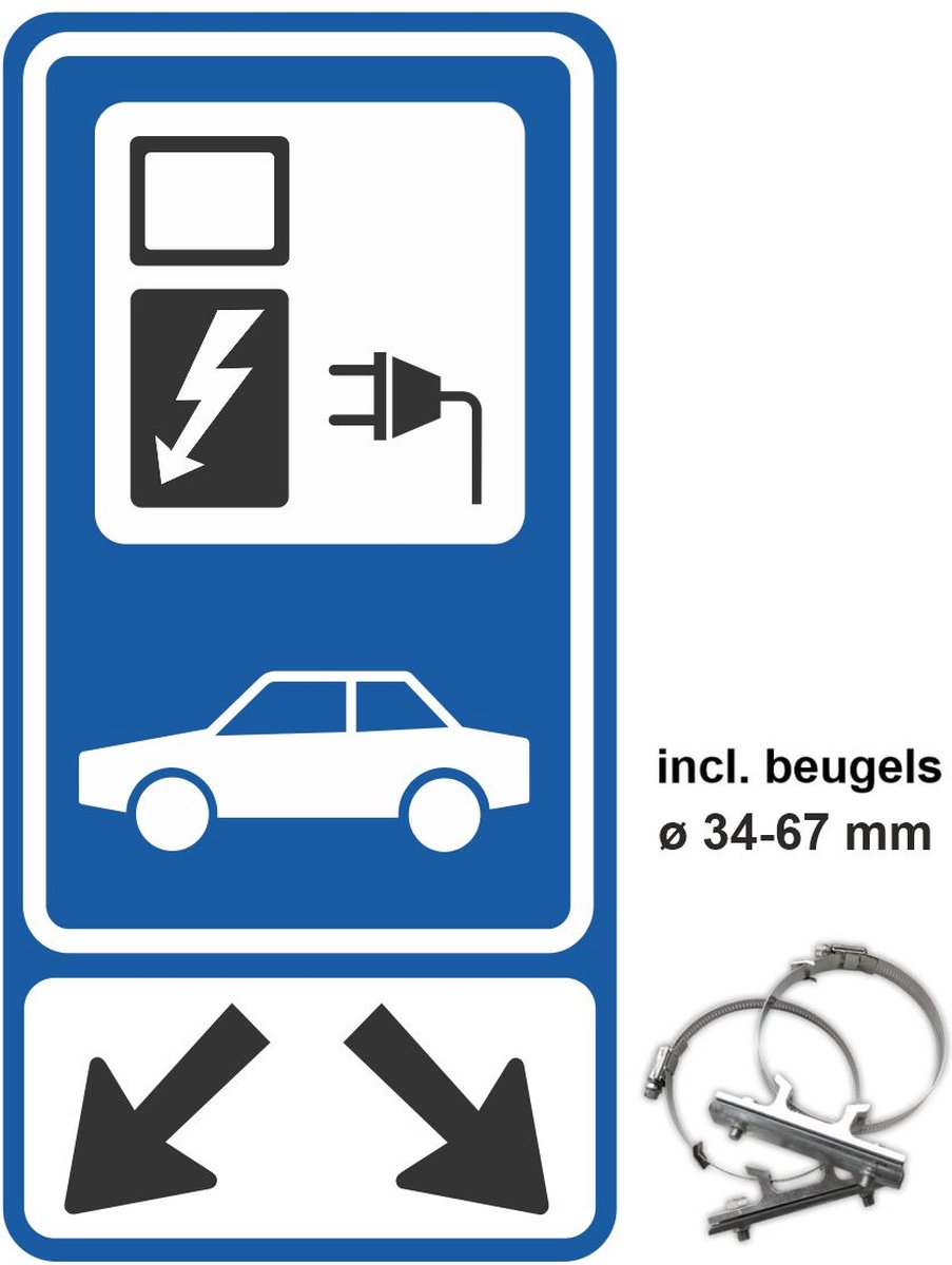 Verkeersbord Laadpaal bord - Laadplaats bord elektrische auto 30x60 cm reflecterend + beugel ø 34-67 mm - elektrisch laden bord
