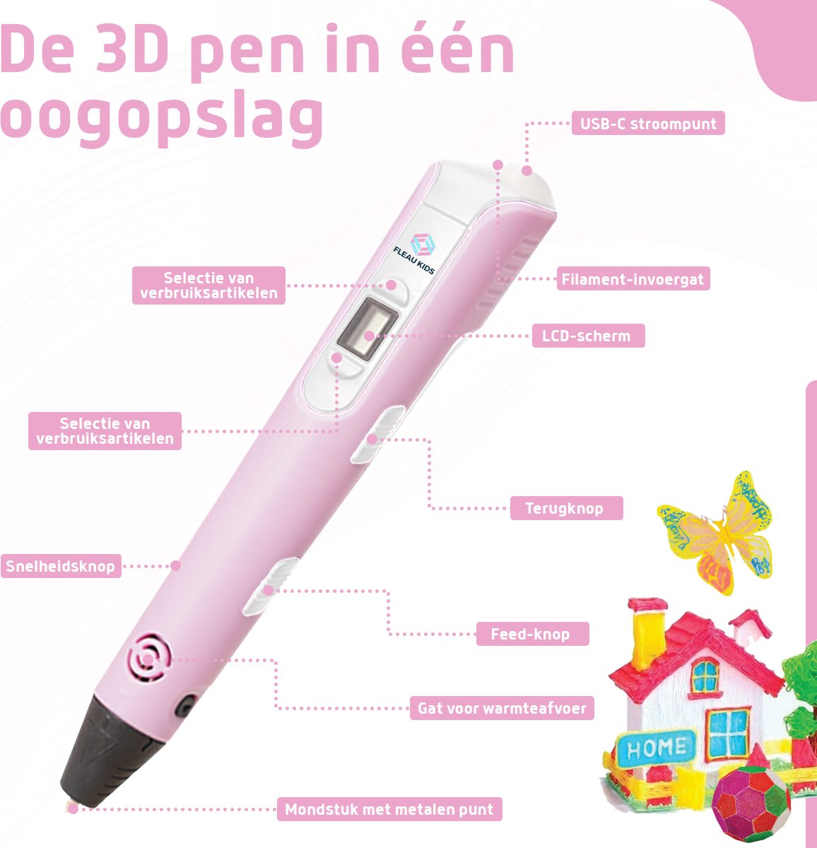 Fleau Kids 3D Pen Starterspakket Roze XL - 75m Filament - 15 Kleuren Vullingen + Vele Extra's - 2025 USB-C Model - Knutselen en Tekenen - 3D Printen - Tekenset — afbeelding 5
