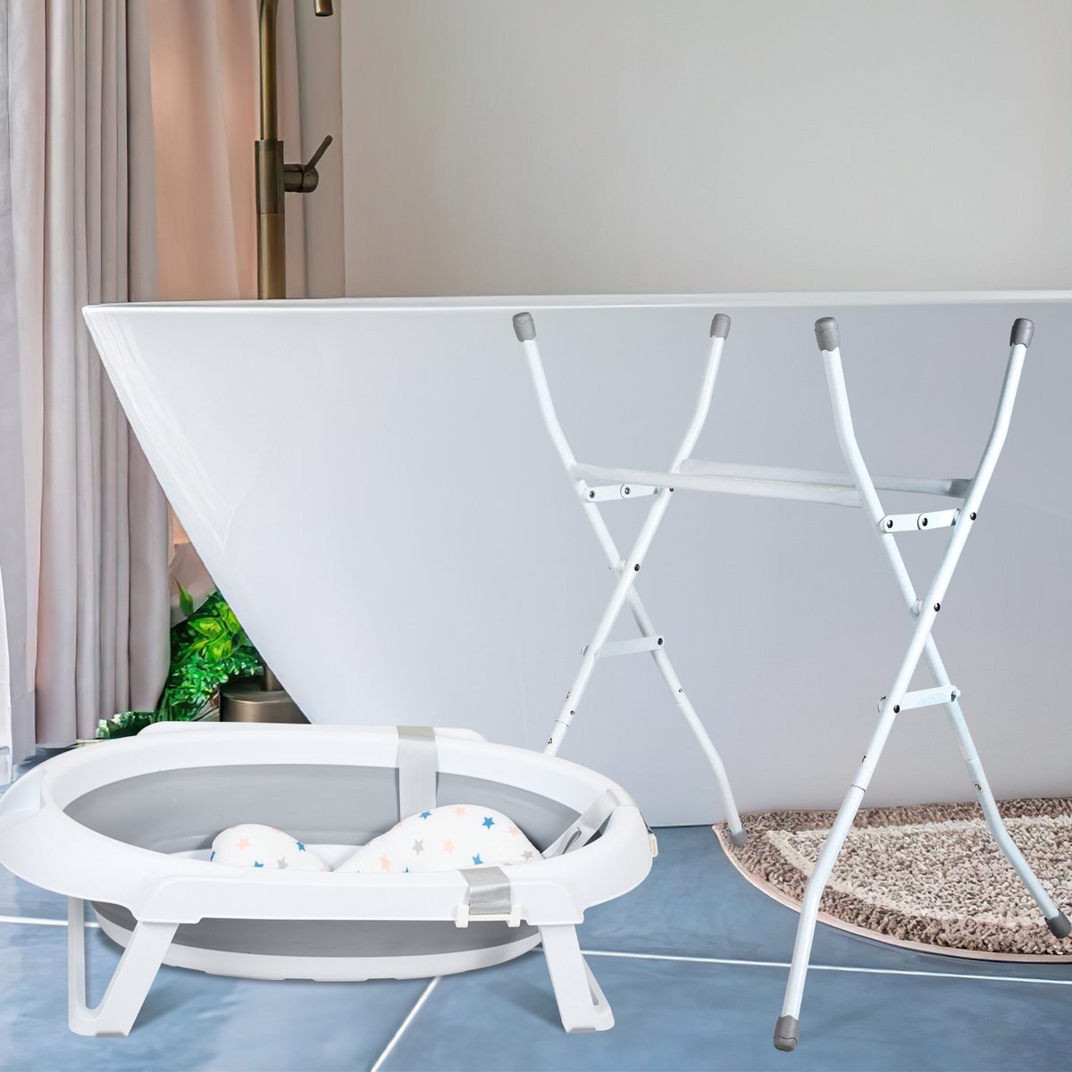 Aufun Opvouwbare babybadkuip ergonomische babykuip met anti-slip voeten voor baby's en pasgeborenen, incl. badzitkussen, opvouwbaar badkussen, ruimtebesparend (groen badkussen
