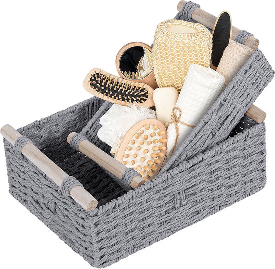 Set van 2 gevlochten manden om te organiseren katoenen touw, stapelbaar, organizer, opbergmanden voor badkamer, decoratieve mand voor woonkamer, keuken, badkamer, slaapkamer, zwart