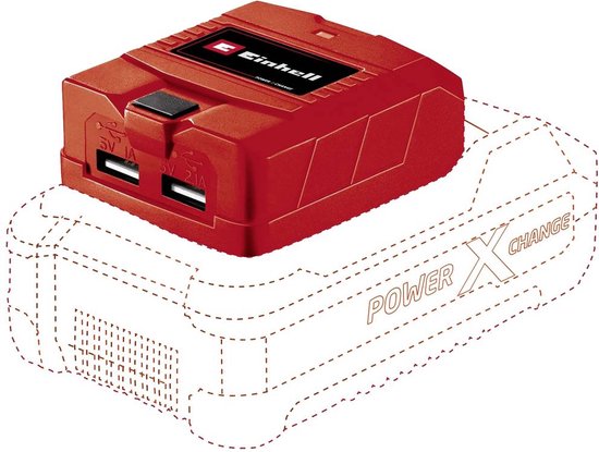 Rode Einhell powerbank met twee USB-poorten, geplaatst op een gestippelde contour van een accu.