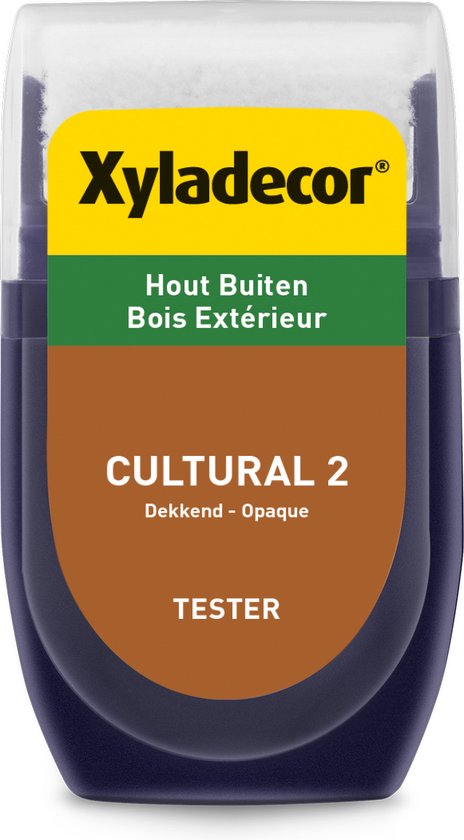 Xyladecor tester met Cultural 2 dekkende lak voor buiten. Opvallend gele en groene tekst op de verpakking.