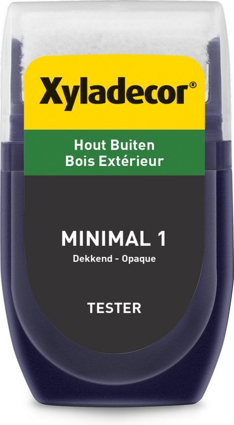 Xyladecor tester, label met 'MINIMAL 1 Dekkend - Opaque Hout Buiten Bois Extérieur'.