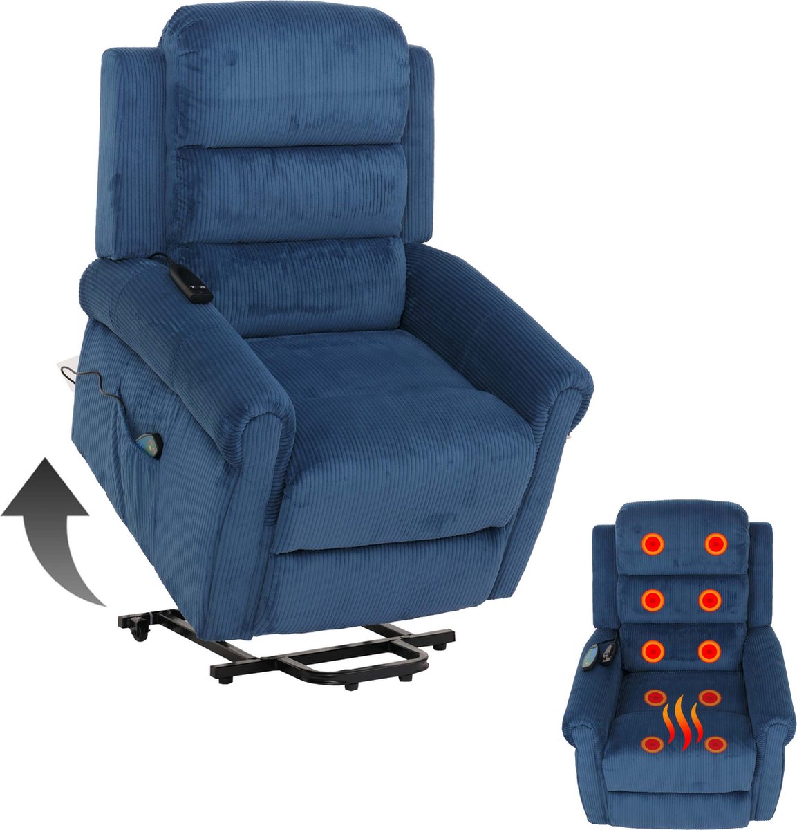 Cosmo Casa Relaxfauteuil - TV Fauteuil met Verstelbare Functie - Opstaand Hulp - Massage- en Verwarmfunctie - Cord Stof (220g/m²) - Blauw