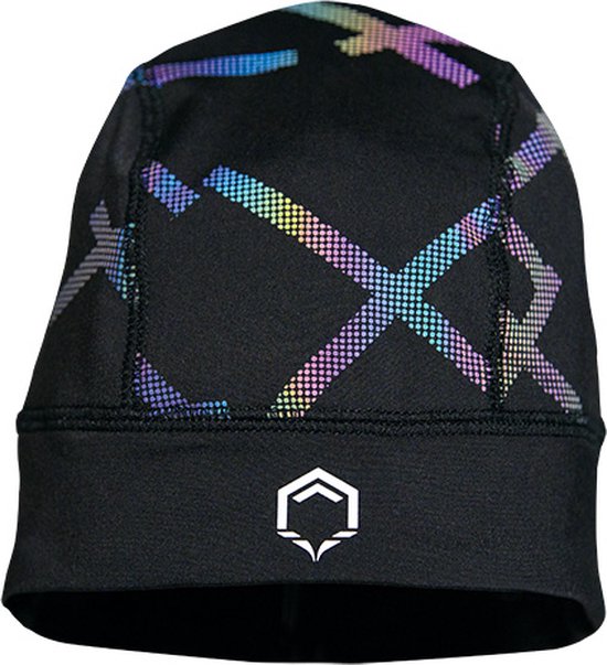 Bee Safe | Reflective Beanie - Muts | Multi colour reflectie print | hardloop muts | sport mutsje | muts met paardenstaart opening