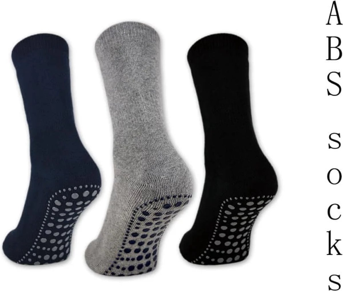 Marco rossi 3 Paar Huissokken anti slip - Antislip sokken - Gripsokken - Full Terry - Volledig Badstof - Werksokken - ABS - Zwart/Grijs/Blauw - Maat 47-50