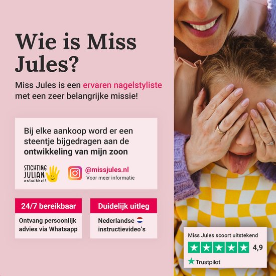 Vrouw bedekt ogen van kind, met tekst over Miss Jules en Trustpilot review.