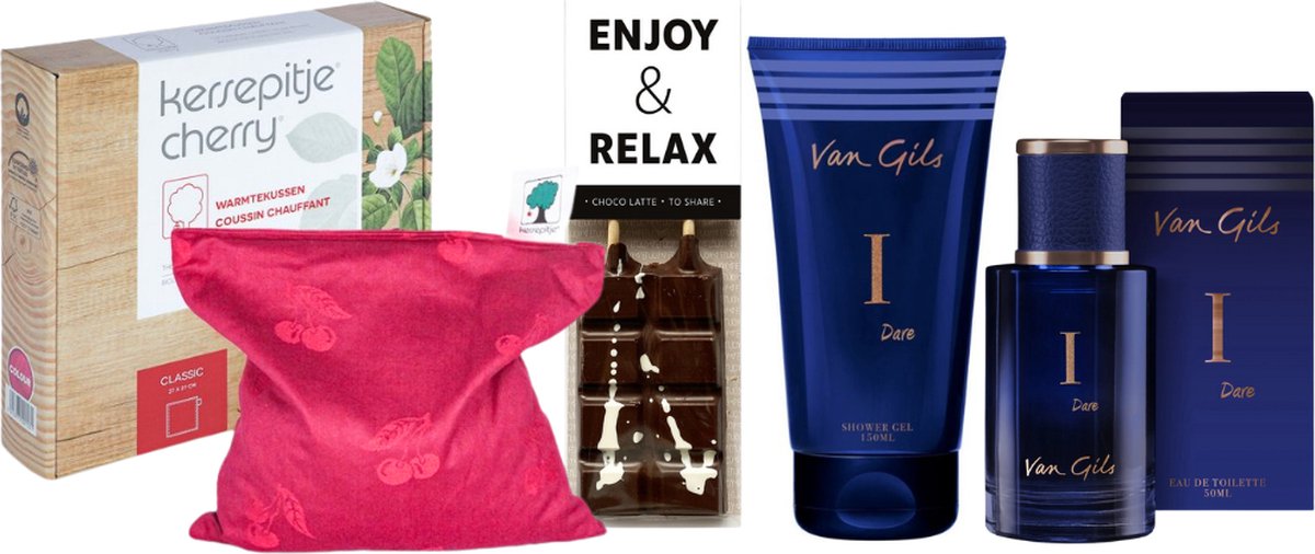 Goedkoopste Van Gils Cadeauset Warme Kerst Chocolade & Warmtekussen Dare I - Van Gils EDT I Dare 50ml - Van Gils Shower Gel I Dare 150ml - Kersepittje Warmtekussen Classic 27x27cm
