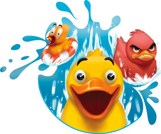Drie getekende badeendjes spuiten water.