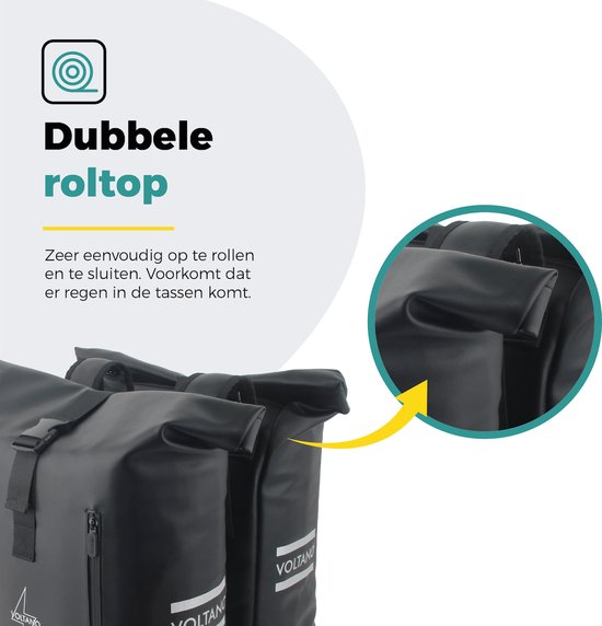 Voltano Dubbele Fietstas Rolltop E-bike Pro - Zwart - 48 Liter - 100% Waterdicht - Fietstassen Electrische Fietsen
